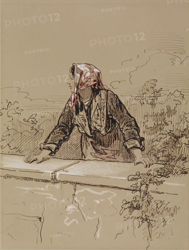 Peasant Woman Leaning on Wall, 1852-1866. Creator: Paul Gavarni.