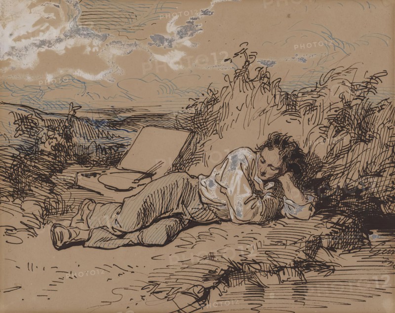 Young Artist Asleep by a Stream, c1859. Creator: Paul Gavarni.
