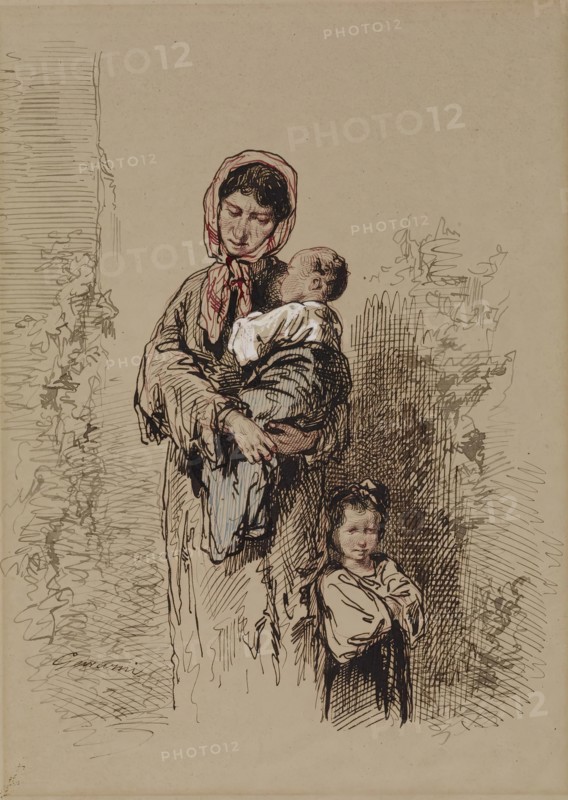 Peasant Woman with Two Young Children, 1852-1866. Creator: Paul Gavarni.