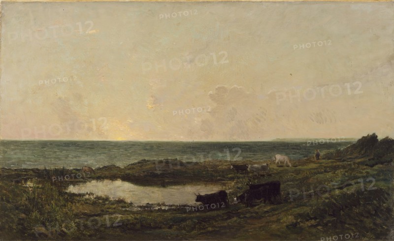 Sunset on the Coast at Villerville, 1855, with later retouching by the artist. Creator: Charles Francois Daubigny.