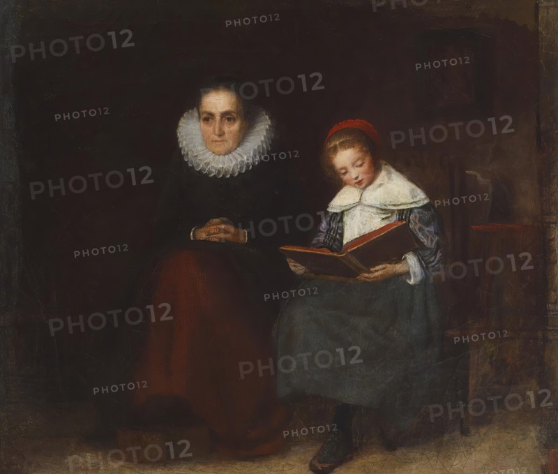 Old Woman and Child Reading a Book, 1840s. Creator: Richard Caton Woodville.