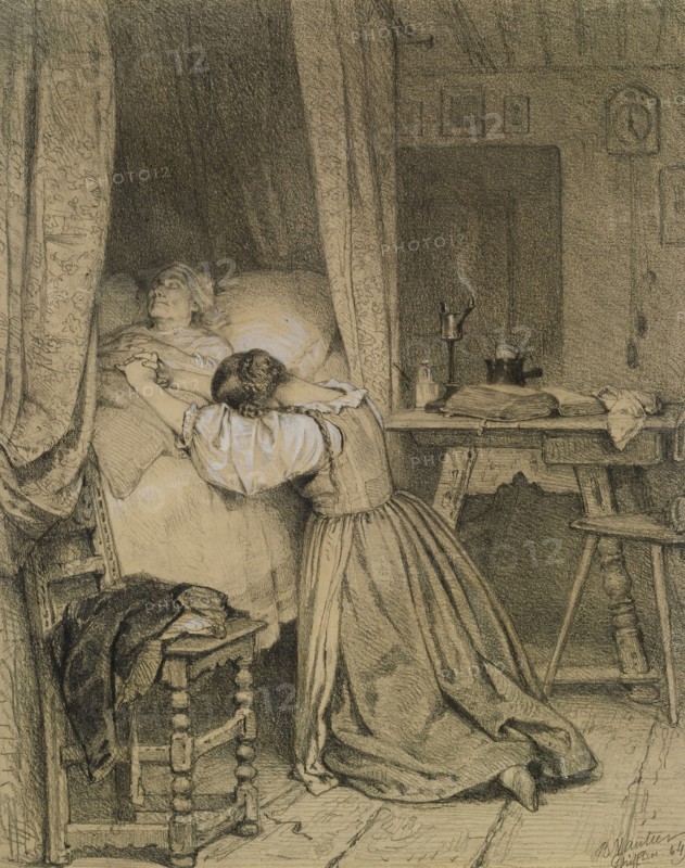 Woman Praying at a Deathbed, 1864. Creator: Benjamin Vautier.