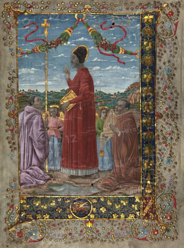Saints with attendants, 20th-century painting on 14th-century antiphonary. Creator: Venetian Forger.