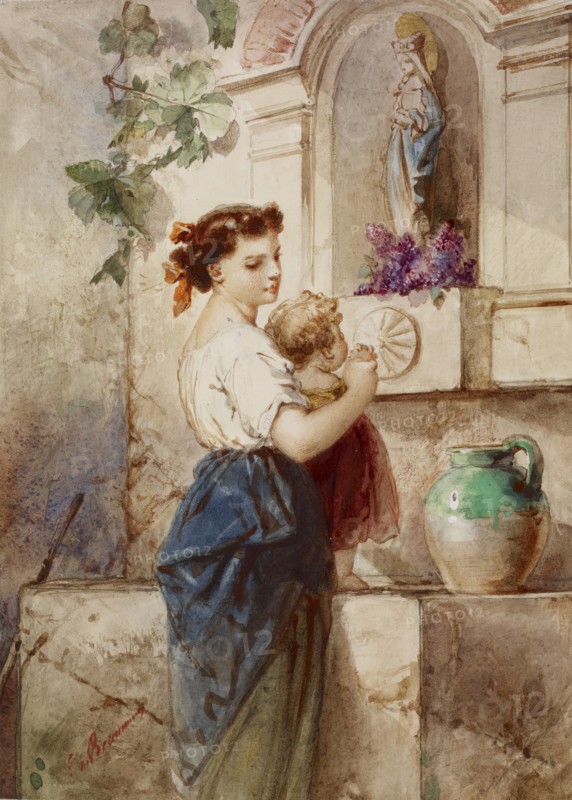 Young Woman with Baby Beside Wall, 19th century. Creator: Edouard de Beaumont.