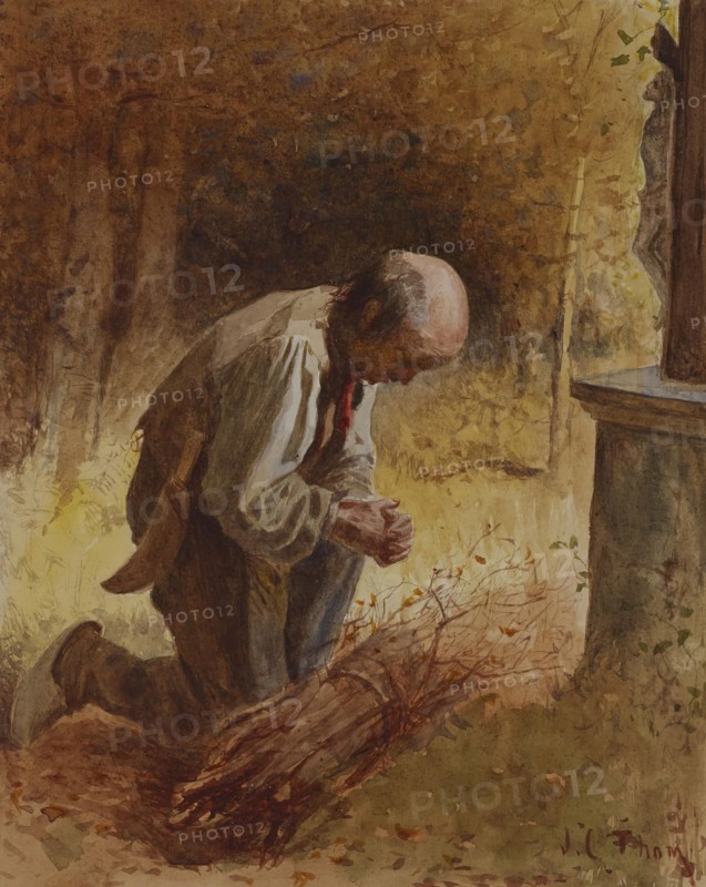 Woodcutter Kneeling before a Forest Shrine, c1865. Creator: James Crawford Thom.