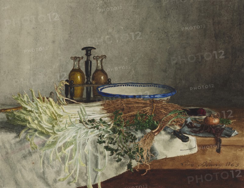 Still Life with Wild Chicory, Chervil, and Cruet, 1863. Creator: Leon Bonvin.