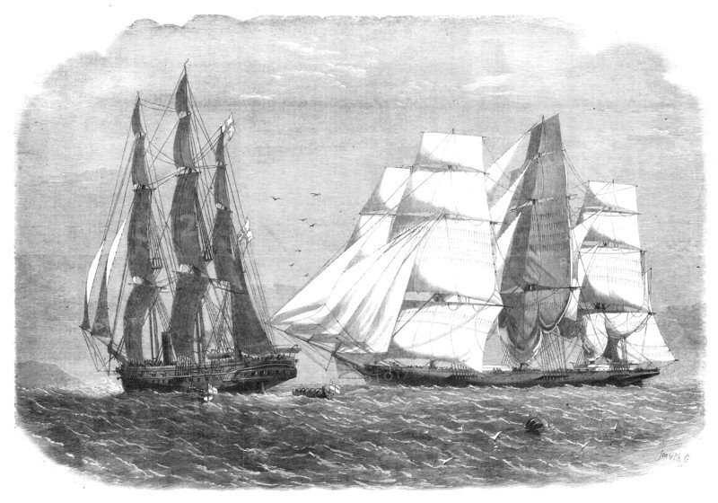 The slaver "Sunny South", alias "Emanuela" surrendering to H.M.S. "Brisk", bearing the flag..., 1860 Creator: Smyth.