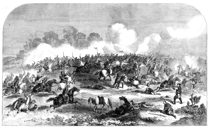 The King's Dragoon Guards closing with the Tartar cavalry in the engagement near Pekin..., 1860. Creator: Unknown.