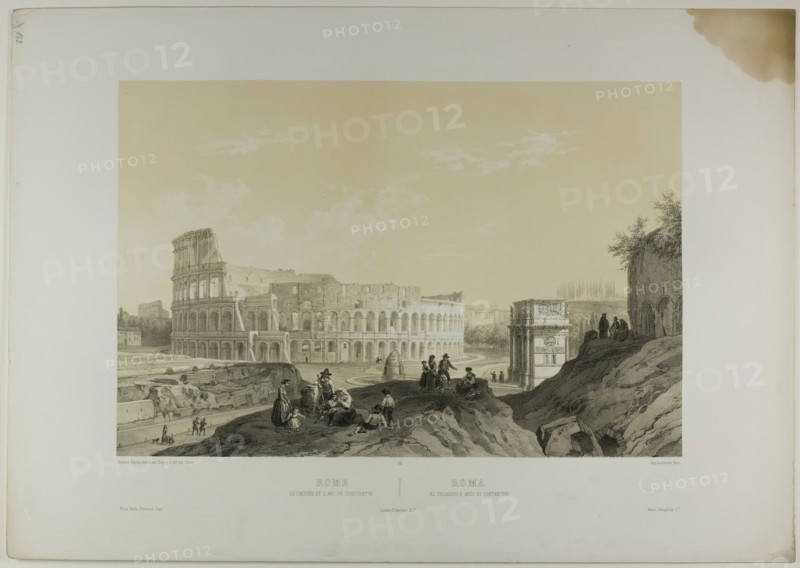 Rome: The Coliseum and the Arch of Constantine, plate 38 from Italie Monumentale et Pit..., c. 1848. Creator: Nicolas-Marie-Joseph Chapuy.