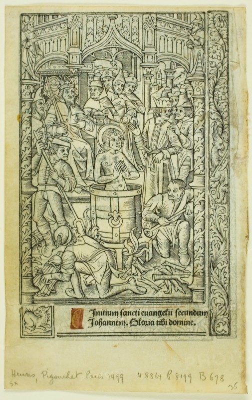 The Martyrdom of Saint John the Evangelist (recto), and December Calendar (verso), from..., 1496/97. Creator: Philippe Pigouchet.