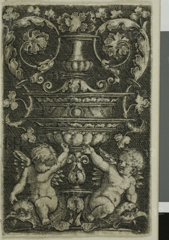 Ornament with Vase and Two Genii at Foot, 1520/69. Creator: Jacob Binck.