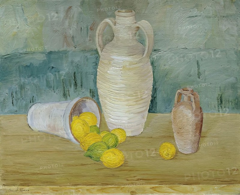 Still life with stone jugs and lemons, undated. (c1920s) Creator: Emil Kraus.