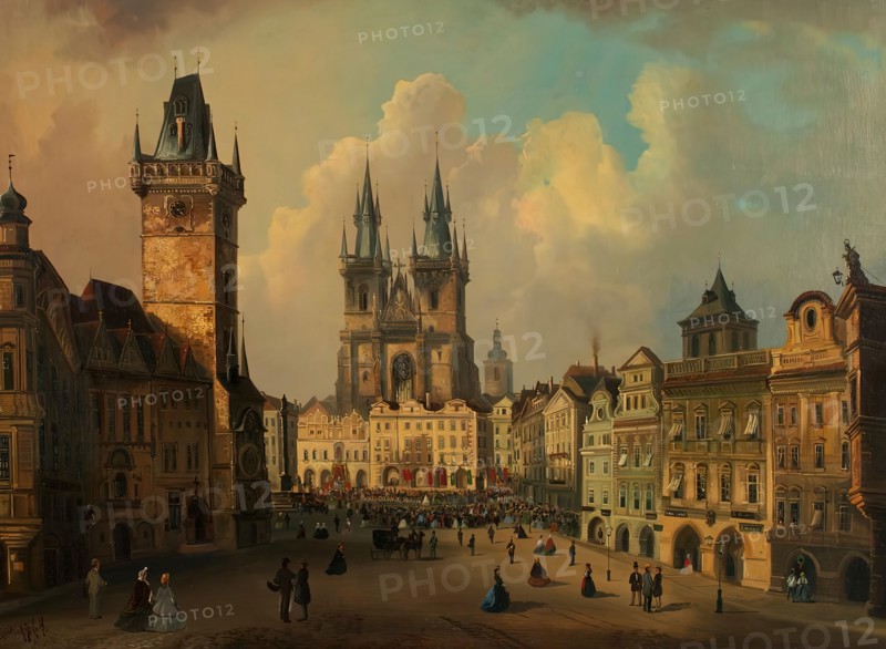 The Old Town Square in Prague, 1864. Creator: Ferdinand Lepie.