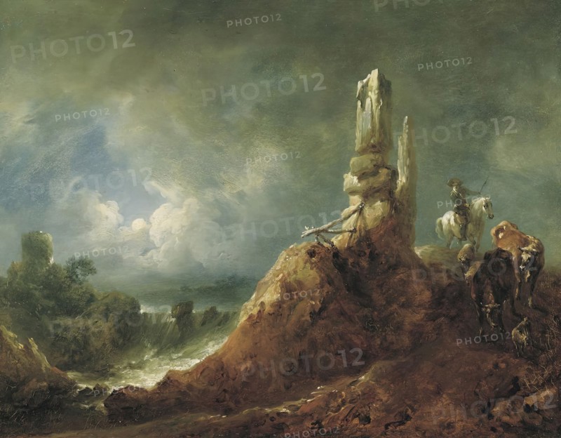Landscape with ruins and riders in the moonlight, 1771. Creator: Johann Christian Brand.