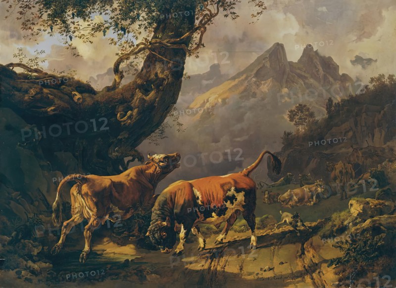 Bull chasing a cow, in the background landscape near Carrara, 1832. Creator: Johann Nepomuk Rauch.