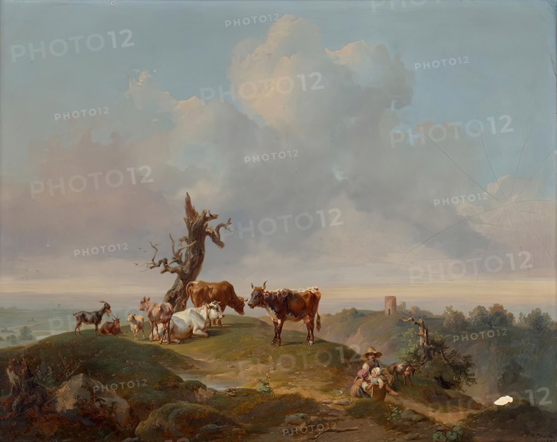 Cows and goats in the pasture, 1840. Creator: Joseph Heicke.