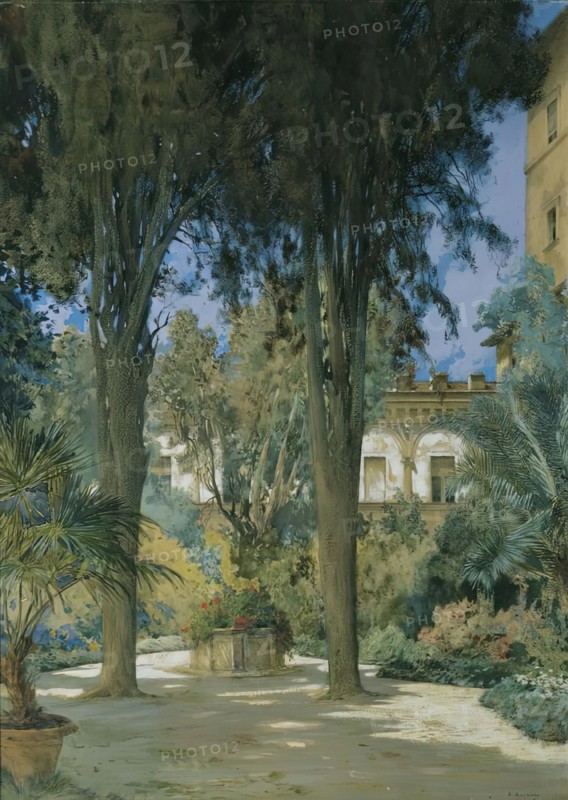 Vedute of the Embassy in Rome: Garden area with two cypresses, c1890/1900. Creator: Othmar Brioschi.