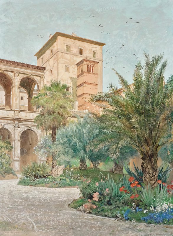 Vedute of the embassy in Rome: garden with a view of the archways, c1900. Creator: Othmar Brioschi.