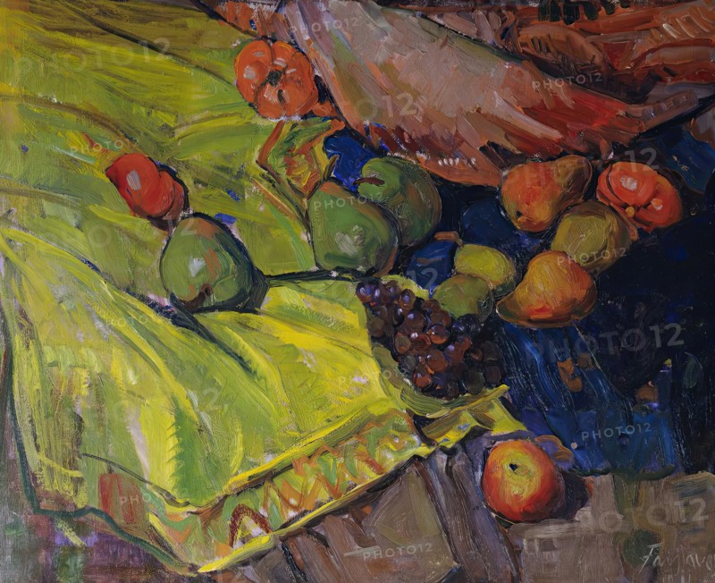 Still life with fruits on a green cloth, 1911. Creator: Anton Faistauer.