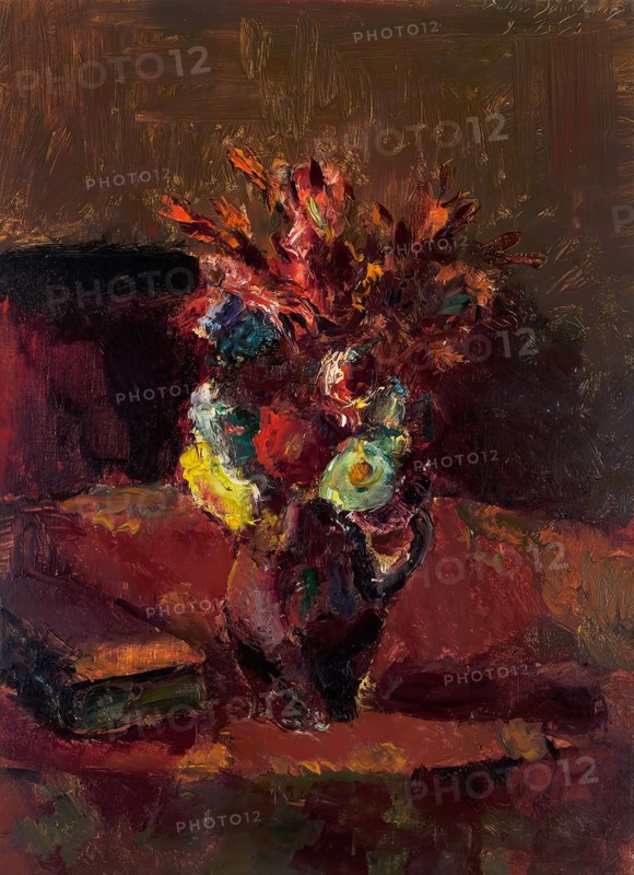 Flower bouquet with red tablecloth, 1913. Creator: Anton Faistauer.