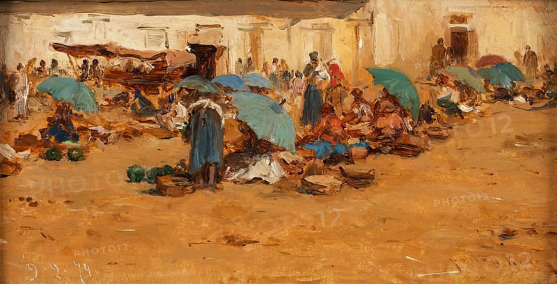 Hungarian market with blue umbrellas, 1874. Creator: August von Pettenkofen.