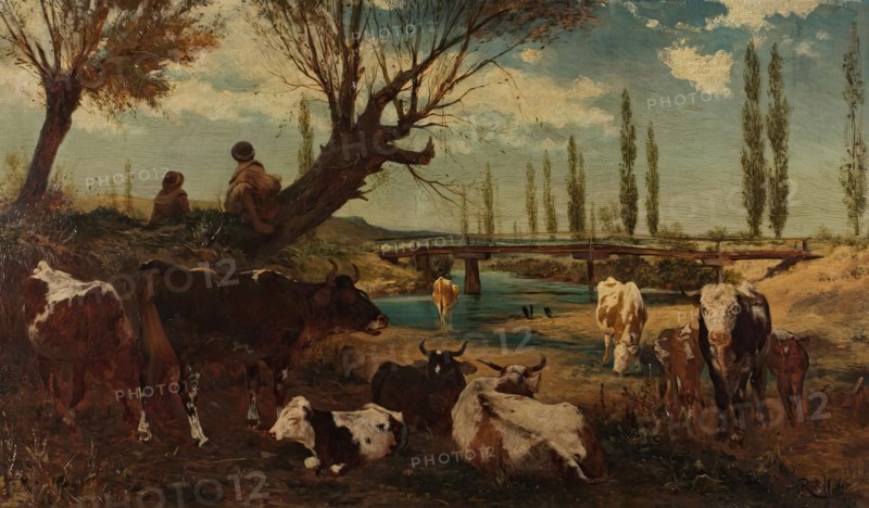 Herd of cows by the water, 1872. Creator: Carl Rudolf Huber.