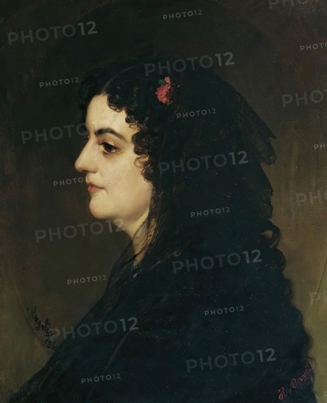 Lady in profile with veil and carnation, 1860. Creator: Heinrich von Angeli.