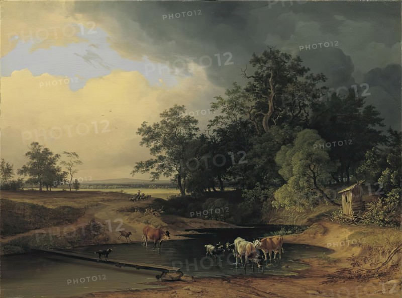 Meadow landscape in the evening atmosphere, 1847. Creator: Josef Feid.