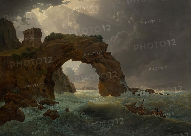 Sea storm at the Arco di Miseno near Miliscola with a view towards Nisida, 1819. Creator: Joseph Rebell.