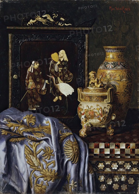 Still life with Japanese art objects, 1888. Creator: Max Schodl.