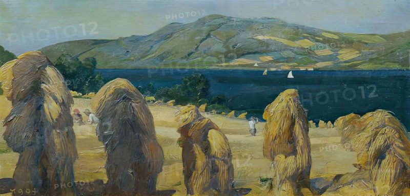 Attersee landscape with haystacks, 1904. Creator: Anton Josef von Kenner.