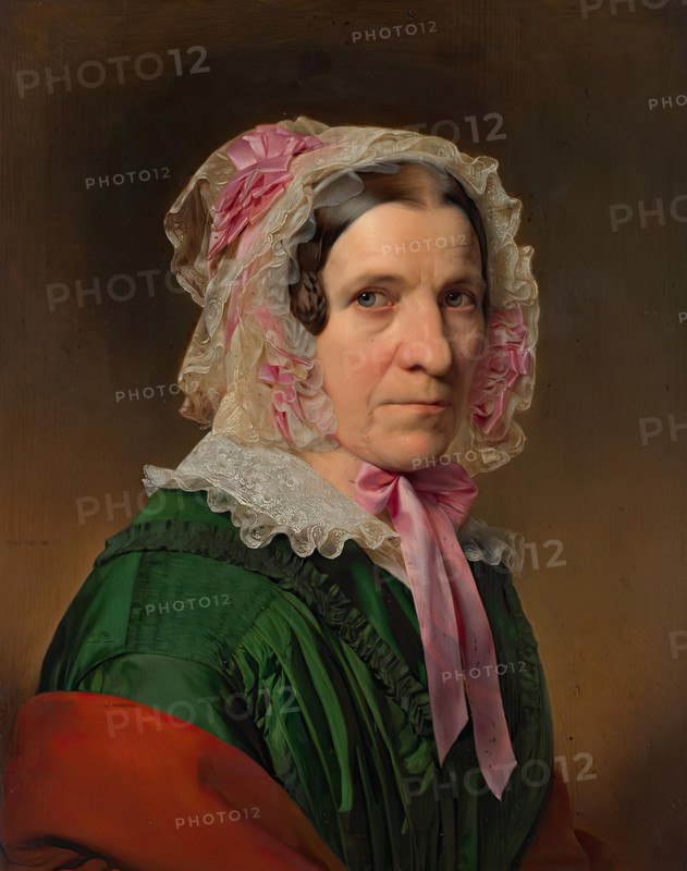 Portrait of an elderly lady wearing a lace bonnet and pink ribbons, 1849. Creator: Franz Eybl.
