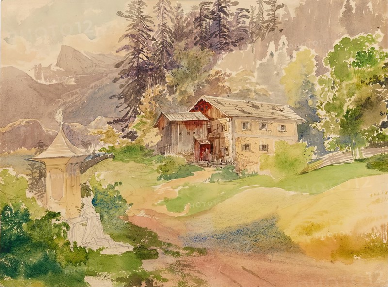 Alpine landscape with farmhouse and woman in front of Marterl, undated. (c1810s). Creator: Franz Steinfeld.