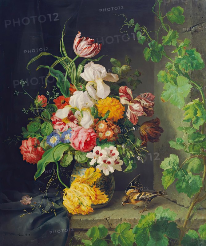 Floral still life with sparrow and vine, 1848. Creator: Josef Lauer.
