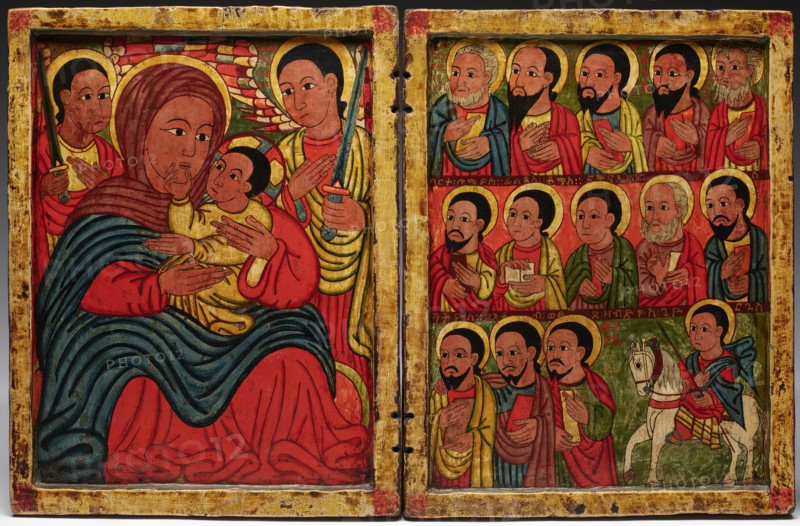 Diptych with Mary and Her Son Flanked by Archangels, Apostles and a Saint, late 15th century. Creator: Unknown.