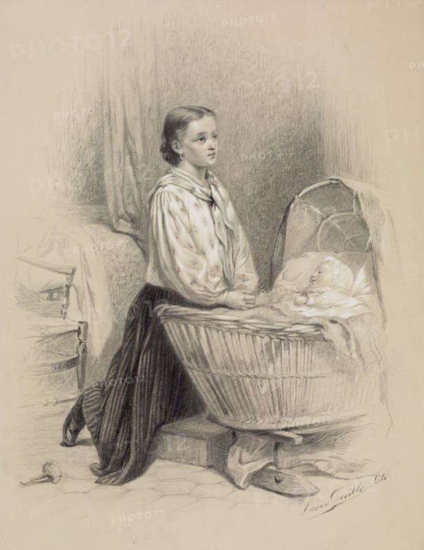 Young Woman Praying Beside Baby's Cradle, 1864. Creator: Léon Emile Caille.