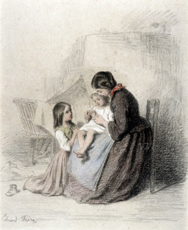 Interior with Woman Teaching Child to Pray, 1819-1886. Creator: Pierre Edouard Frere.