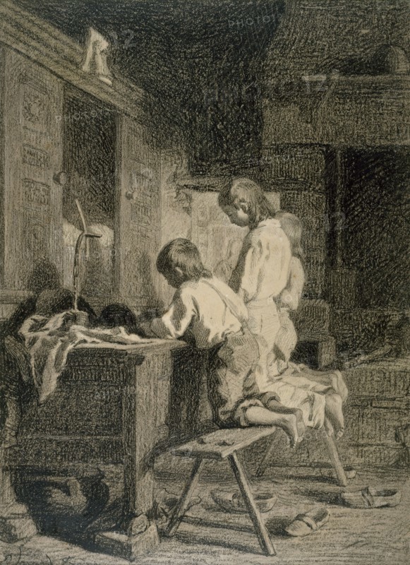 Interior with Three Boys Kneeling, c1850. Creator: Pierre Edouard Frere.