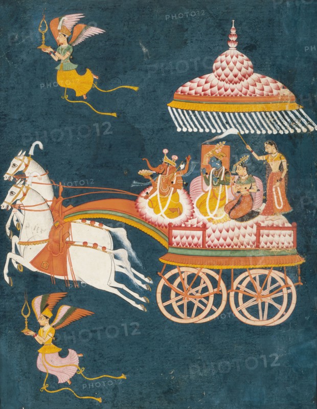 Krishna and Rukmini as Groom and Bride in a Celestial Chariot Driven by Ganesha, c1675-1700. Creator: Anon.