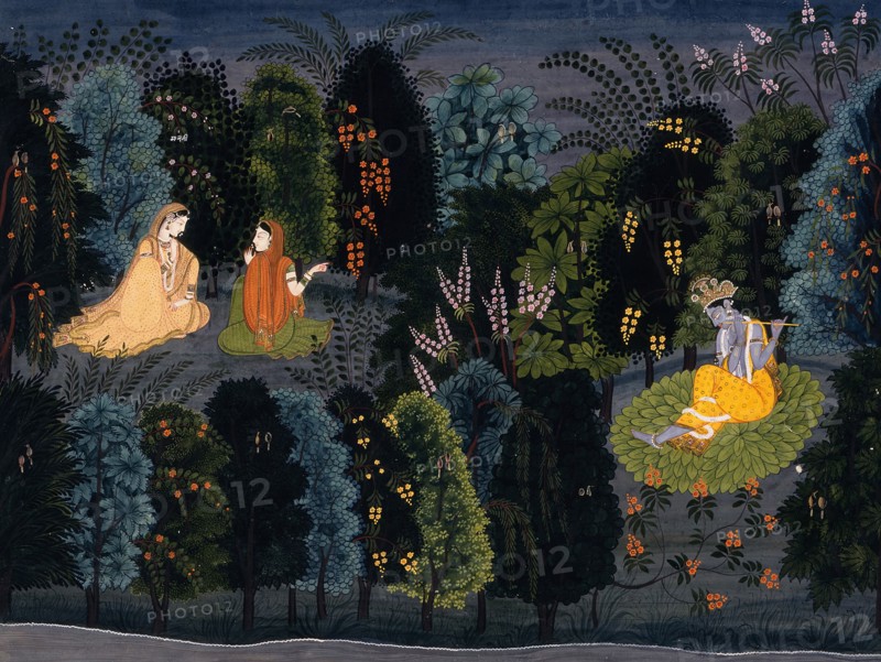 Companion Persuading Radha as Krishna Flutes, Folio from the "Lambagraon"..., c1825. Creator: Anon.