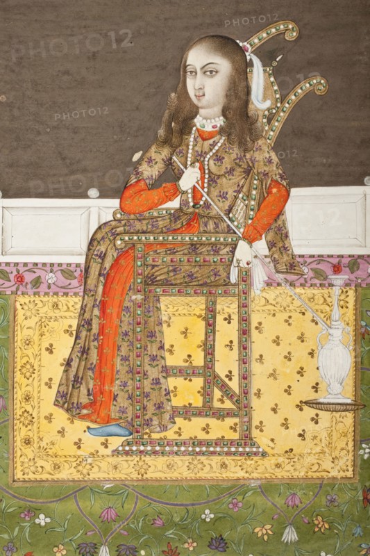 European Woman Seated on a Terrace Smoking a Venetian Style Water Pipe..., between c1760 and c1775. Creator: Follower of Mir Kalan Khan.