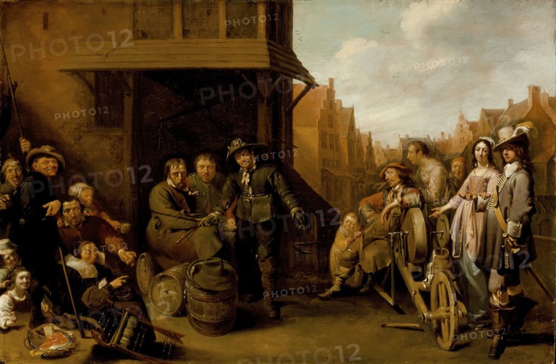A Street Scene with Knife Grinder and Elegant Couple, c1655. Creator: Jacob Duck.