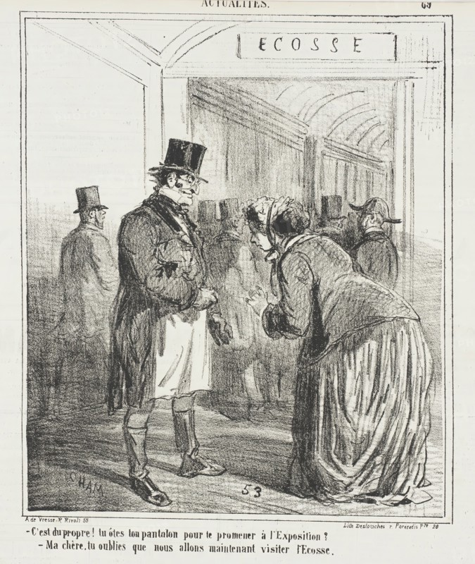 C'est du propre! Tu ôtes ton pantalon pour te promener à l'exposition? - Ma chère..., 1867. Creator: Cham.