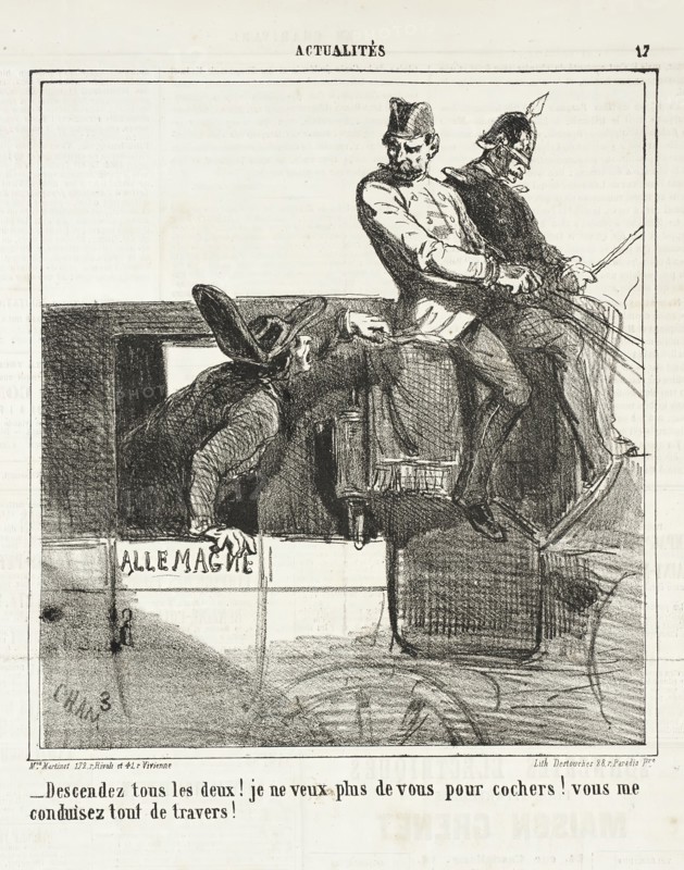 Descendez tous les deux! Je ne veux plus de vous pour cochers! Vous me conduisez tout de..., 1864. Creator: Cham.