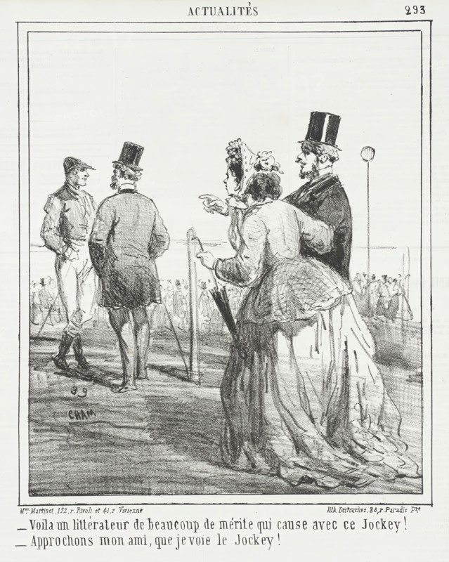 Voila un littérateur de beaucoup de mérite qui cause avec ce Jockey! -Approchons mon ami..., 1865. Creator: Cham.