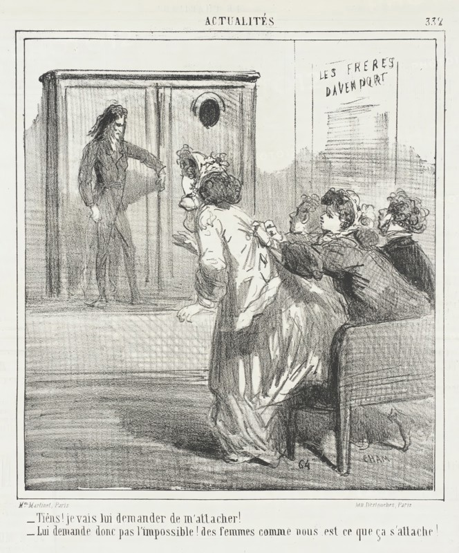 Tiens! Je vais lui demander de m'attacher! -Lui demande donc pas l'impossible! Des femme..., 1865. Creator: Cham.