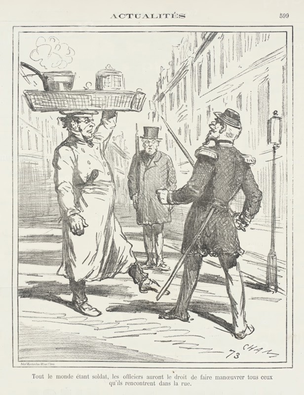 Tout le monde étant soldat, les officiers auront le droit de faire manoeuvrer..., 1871. Creator: Cham.