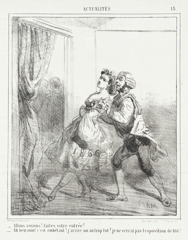 Allons voyons! Faites votre entrée. Ah ben non! -C'est embêtant. J'arrive un an trop tot!..., 1866. Creator: Cham.