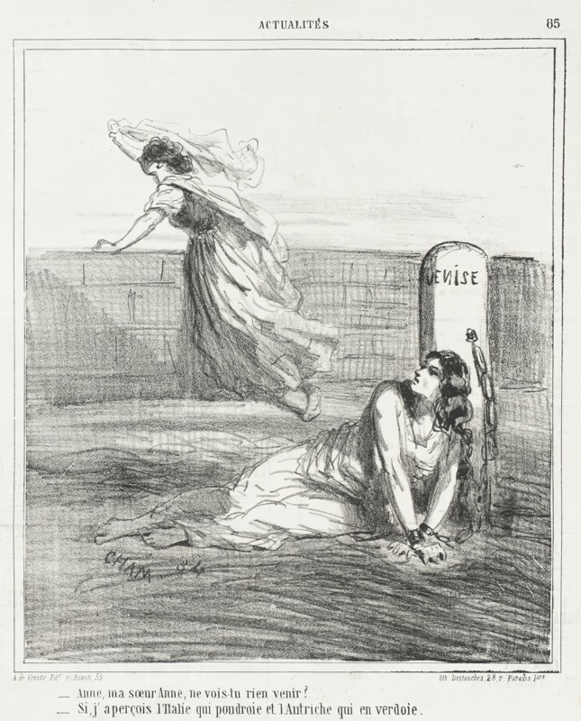 Anne, ma soeur Anne, ne vois-tu rien venir? -Si j'aperçois l'Italie qui poudroie et..., 1866. Creator: Cham.