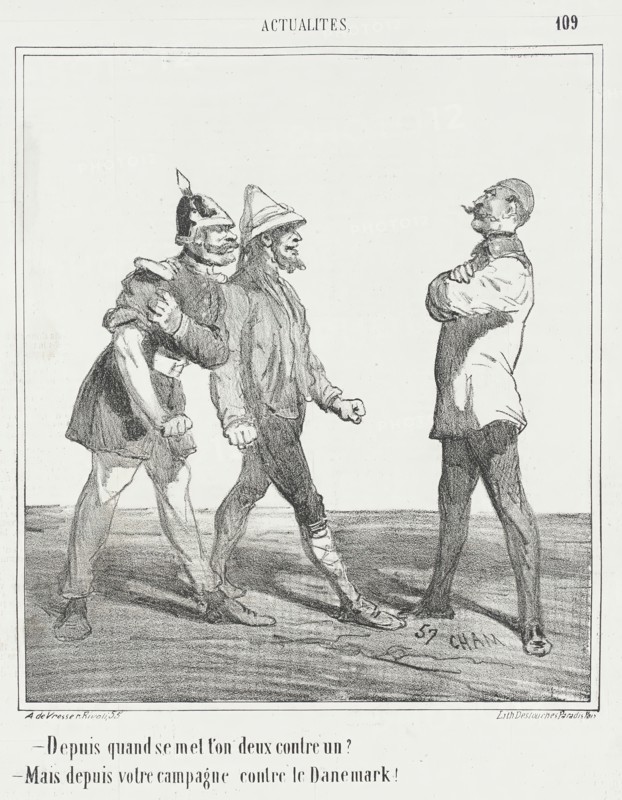 Depuis quand se mett'on deux contre un? -Mais depuis votre campagne contre le Danemark, 1866. Creator: Cham.